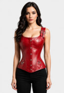 Red Gothic genuine sheepskin Leather Corset Shoulder Straps Waist Trainer Bustier Top